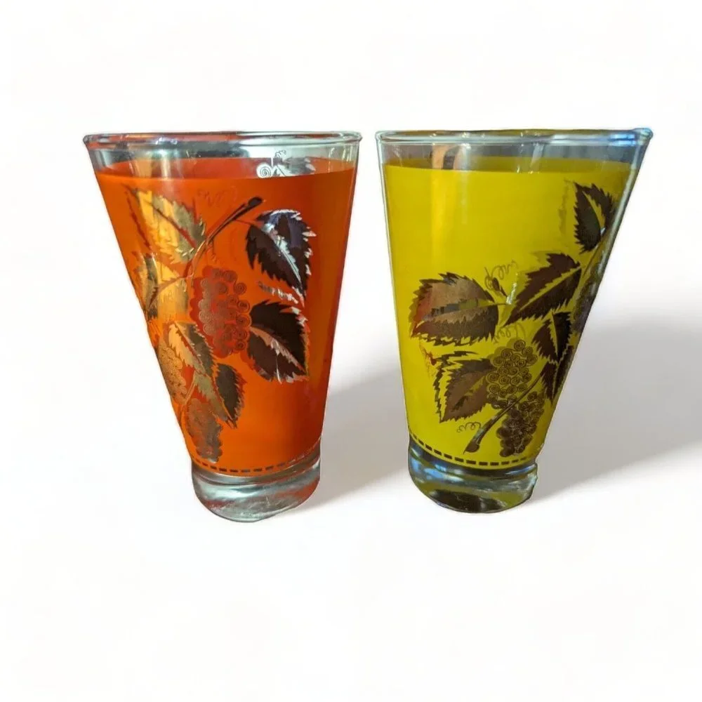 Vintage 2 MCM Frosted Orange and Yellow Glasses Gold Leaves Grapes